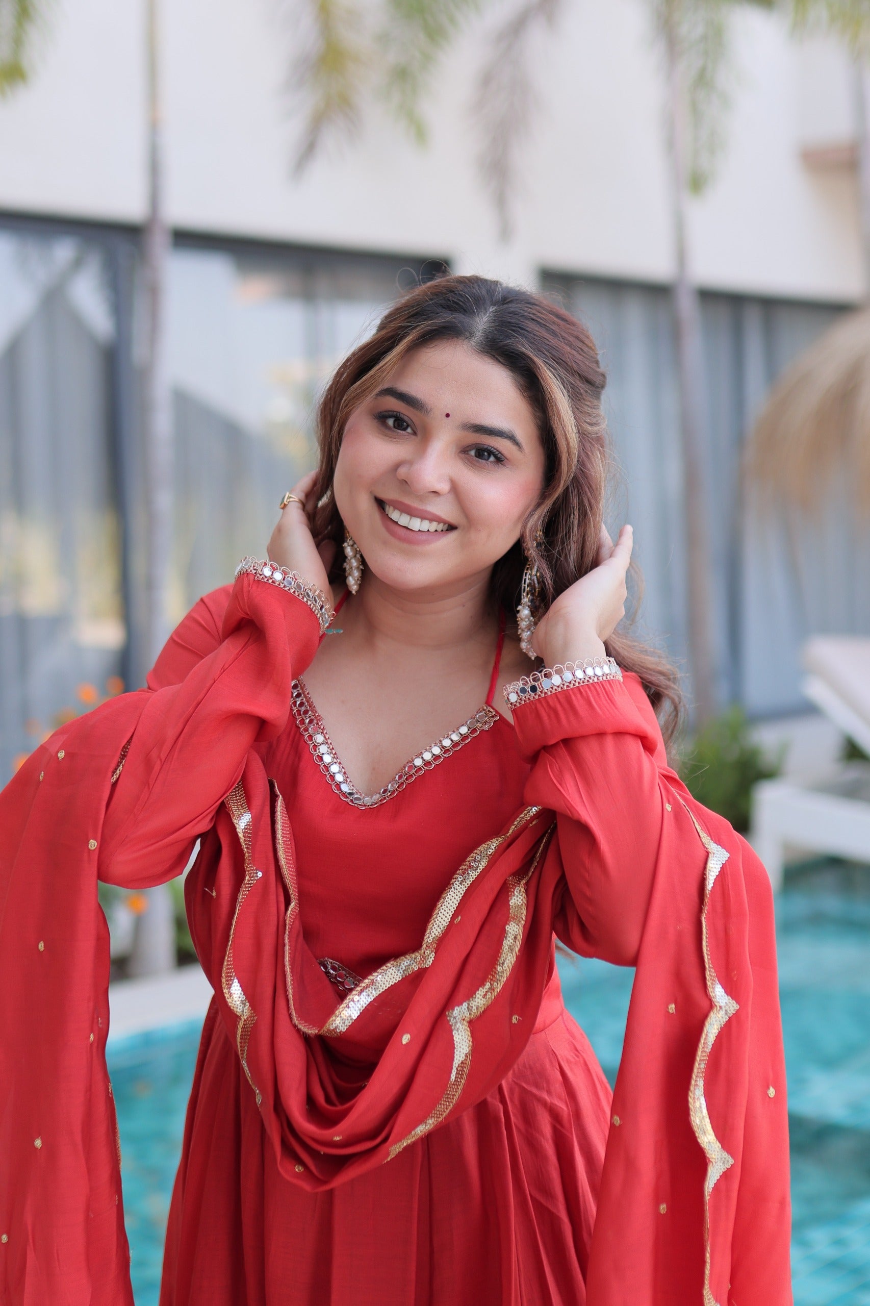 Designer red anarkali with roman silk pant