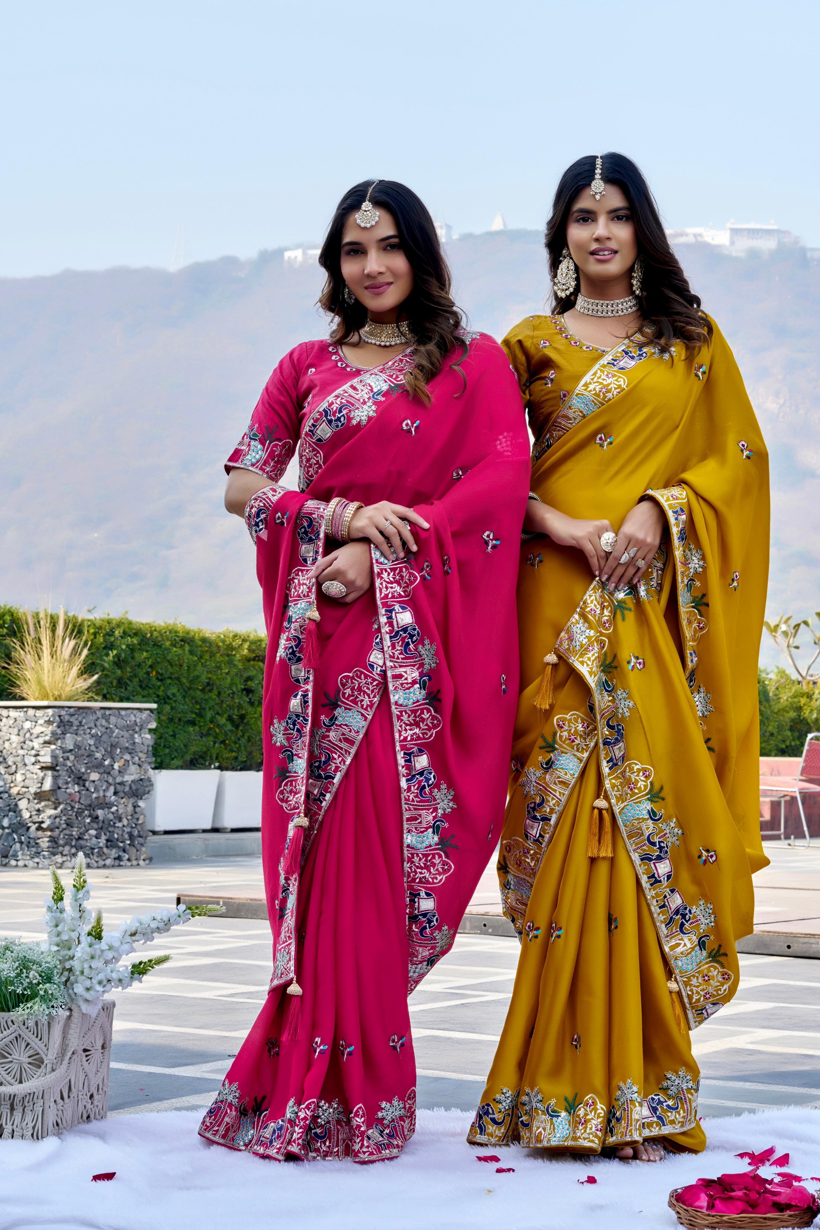 Festive embroidered chiffon saree for women