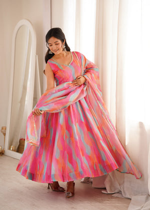 Elegant Organza Gown with Matching Dupatta and Pant