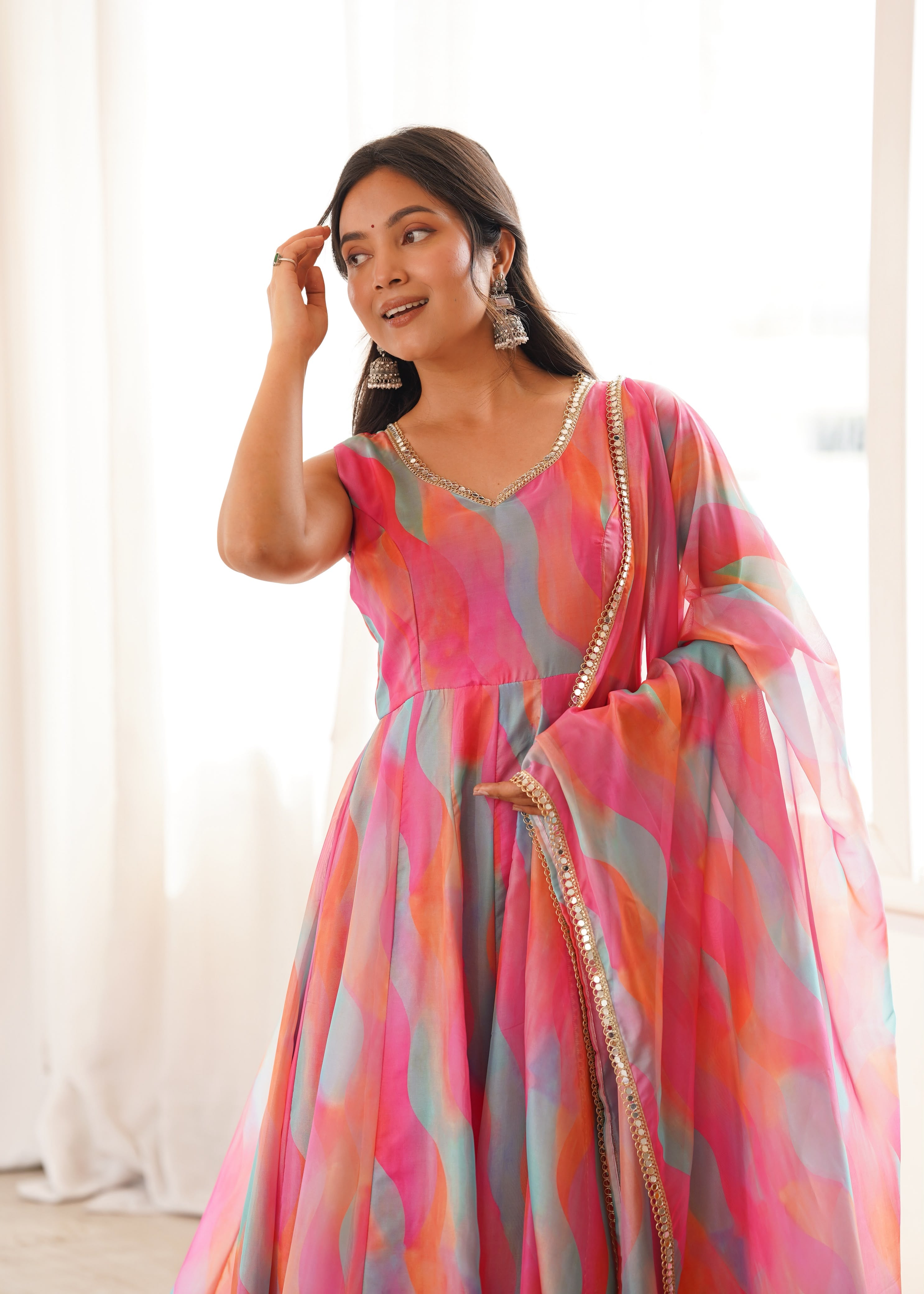 Festive Wear Mirror Lace Worked Gown for Women