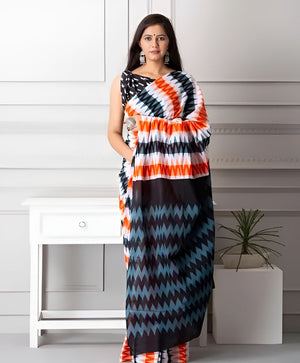 Orange black white linen printed saree