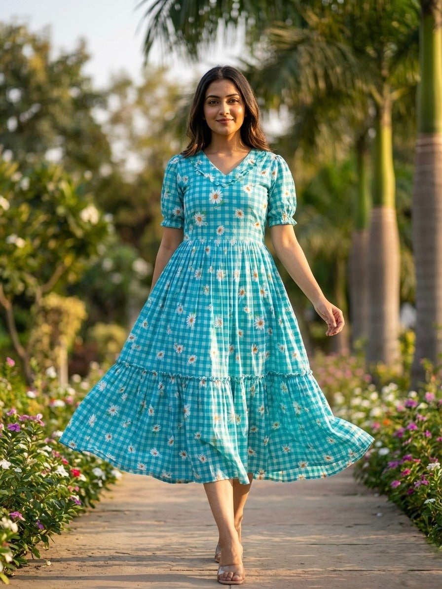 sky blue gingham kurti summer wear