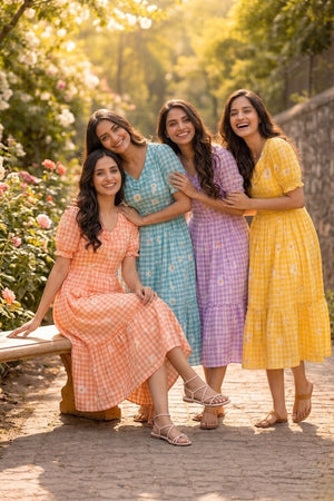 Four women in colorful dresses sitting on a bench with flowers and greenery in the background