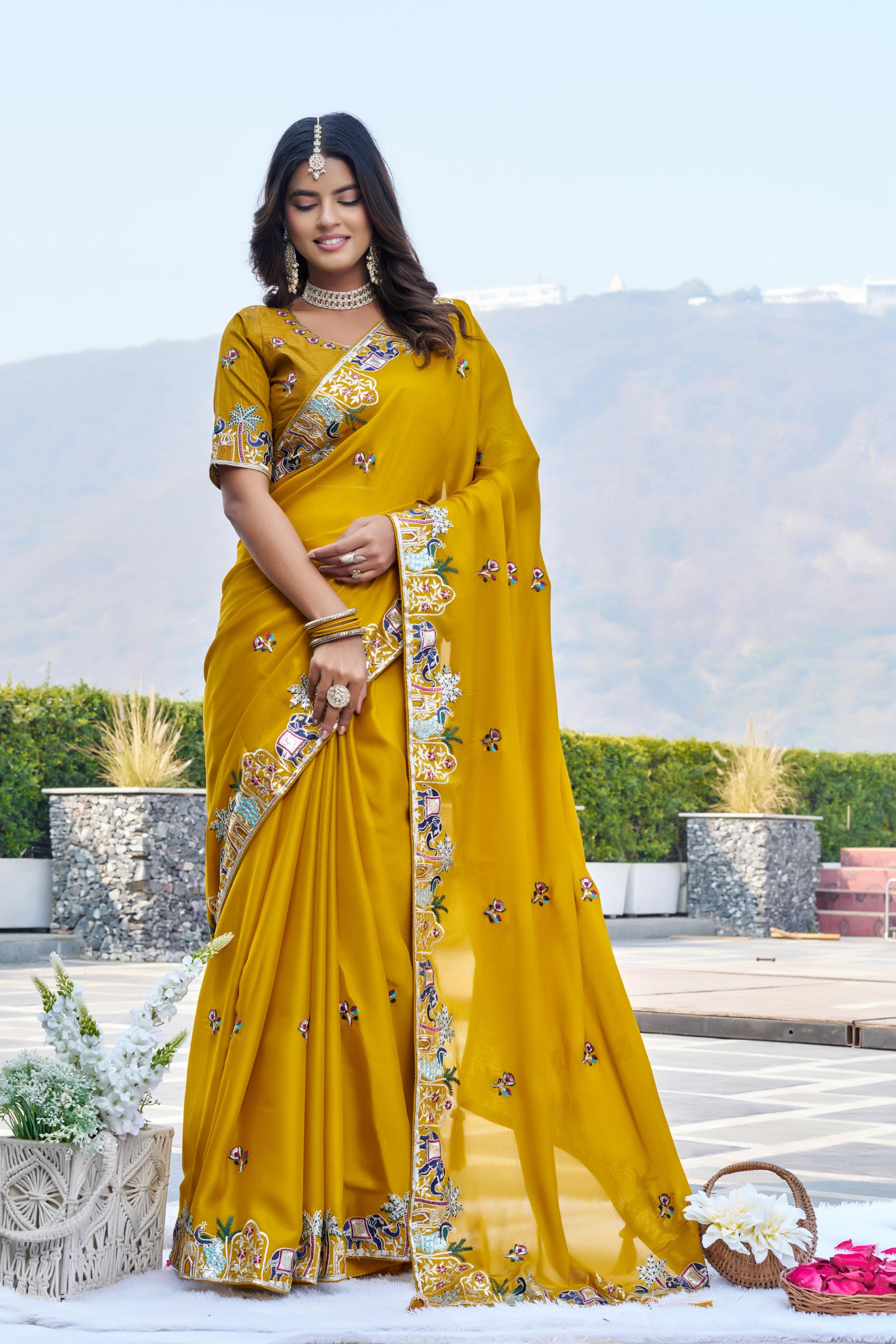Pure satin chiffon embroidered saree with latkan work