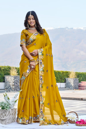 Pure satin chiffon embroidered saree with latkan work