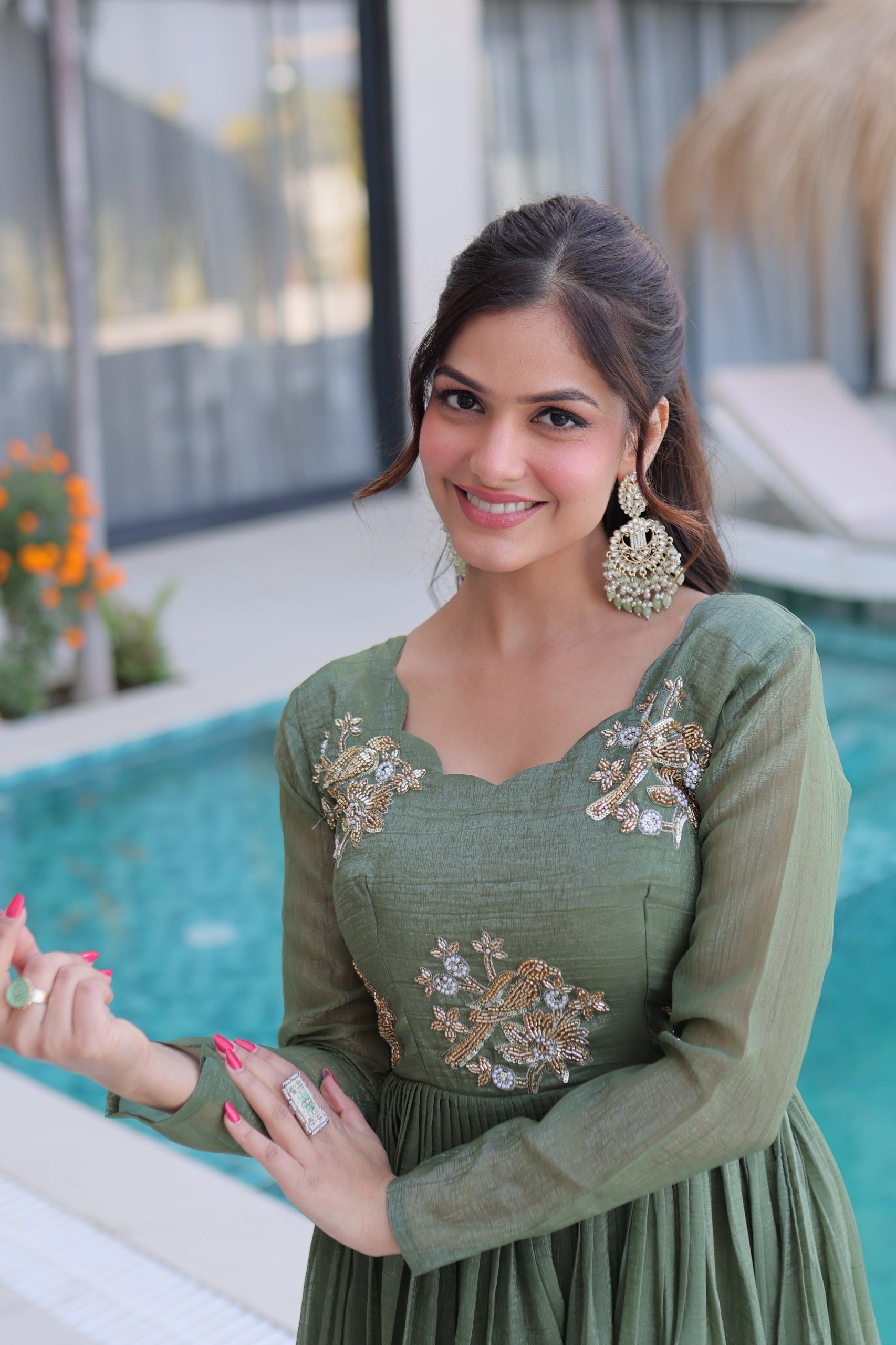 sage green festive designer gown