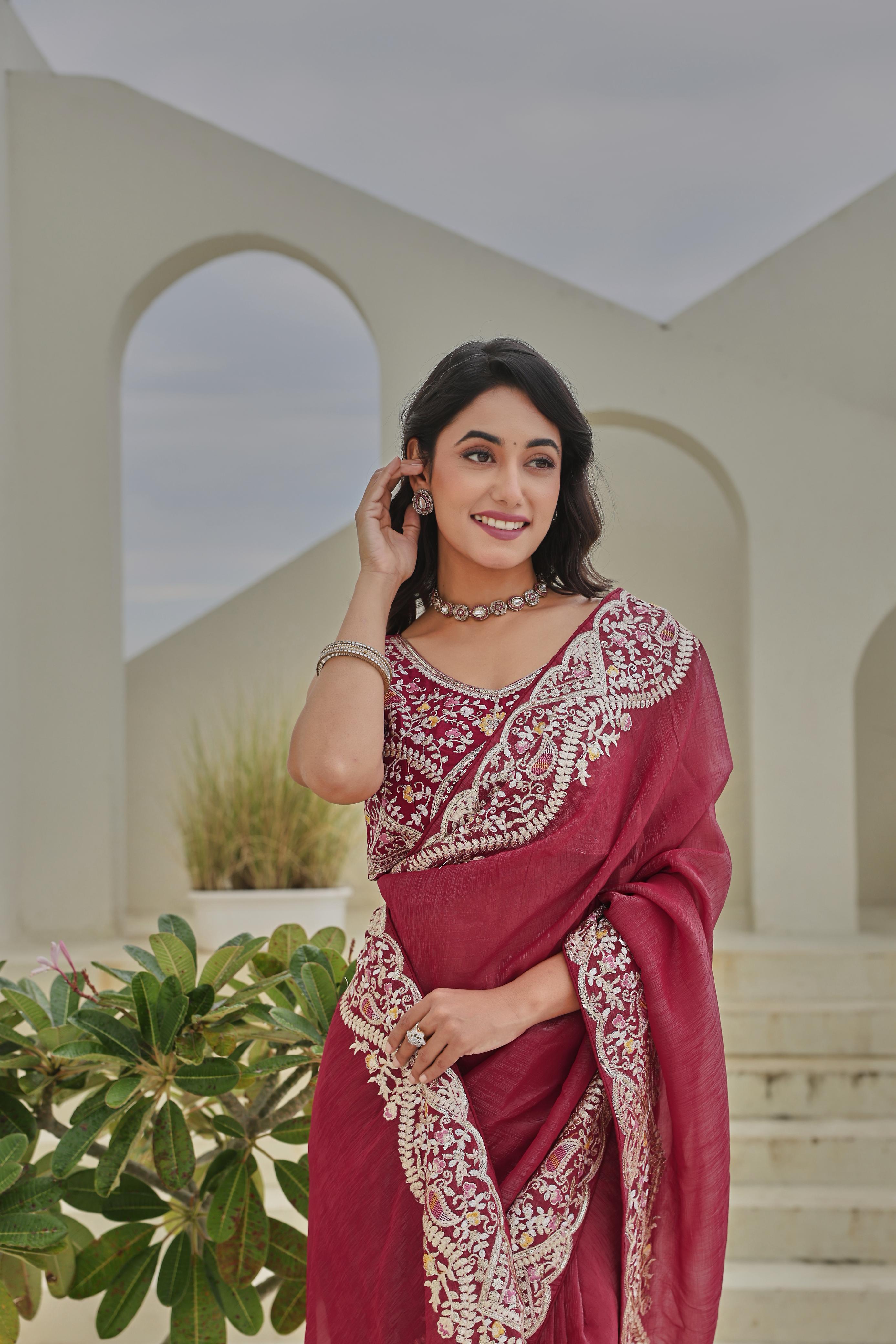 Wine red embroidered saree for wedding wear