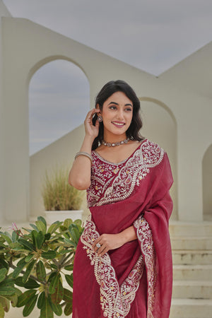 Wine red embroidered saree for wedding wear