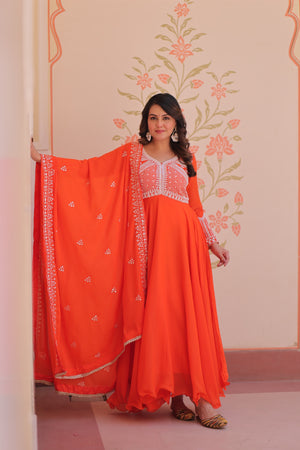 orange designer gown with sequins work