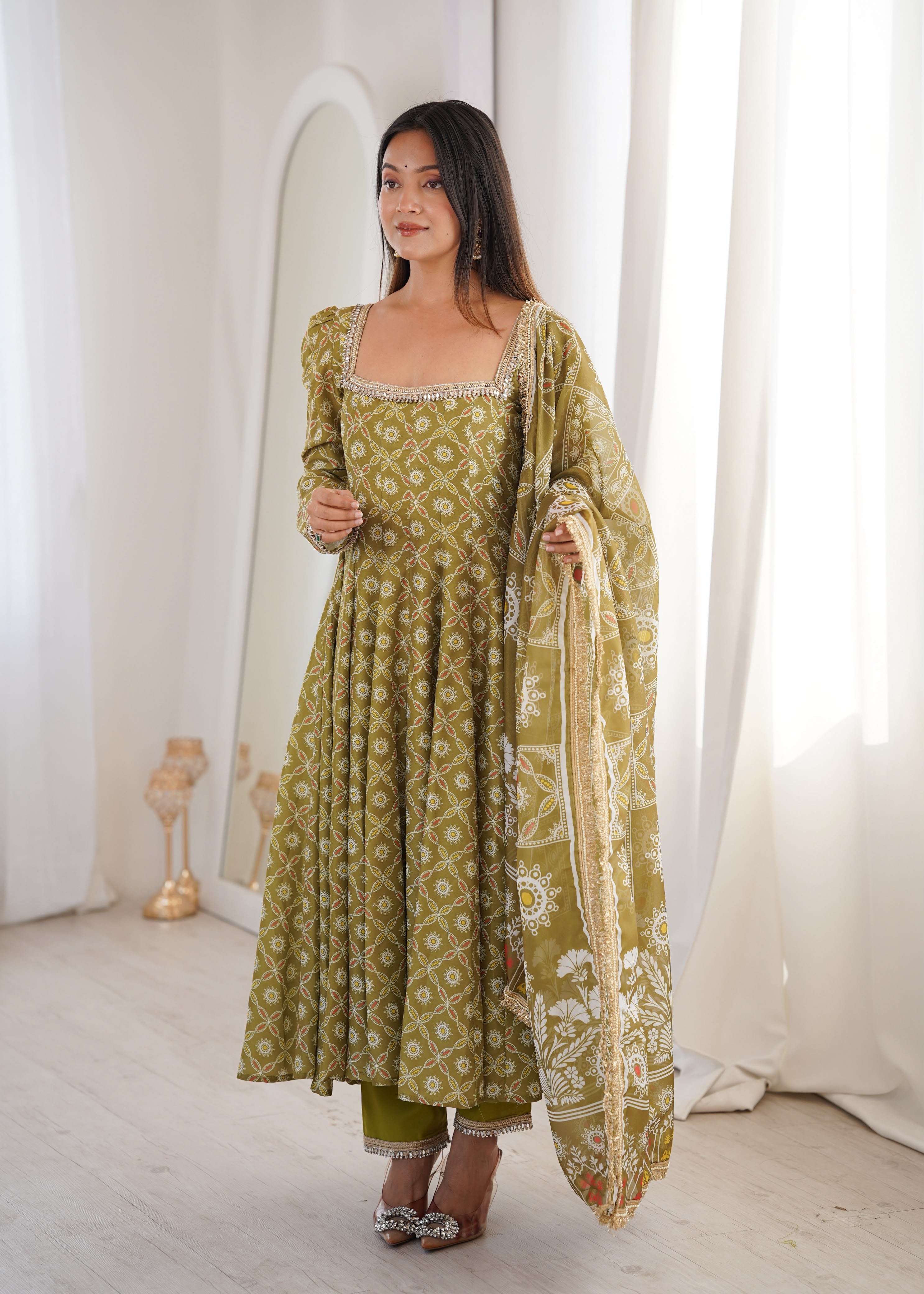 Printed maslin festive wear gown