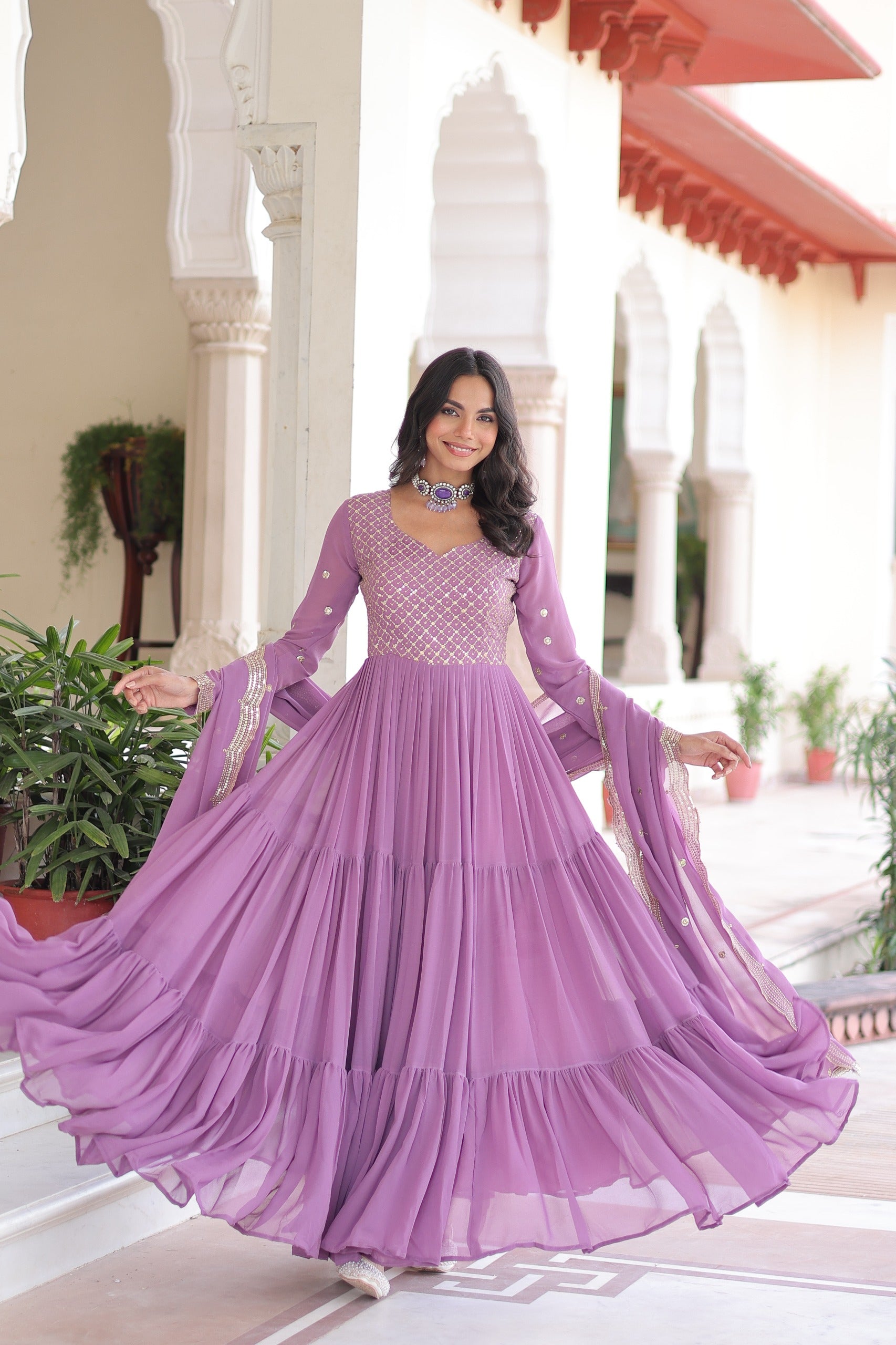 pink colour georgette long gown