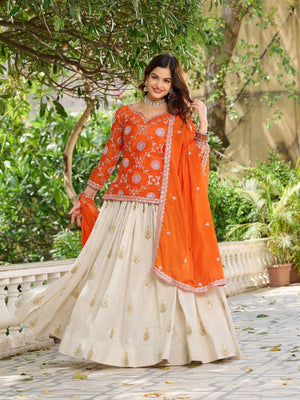Orange festive lehenga set with chinon dupatta

