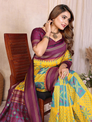 ikat print yellow colour saree