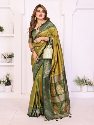 Traditional olive green silk saree with rich pallu