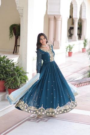 Festive faux georgette gown with full sleeves