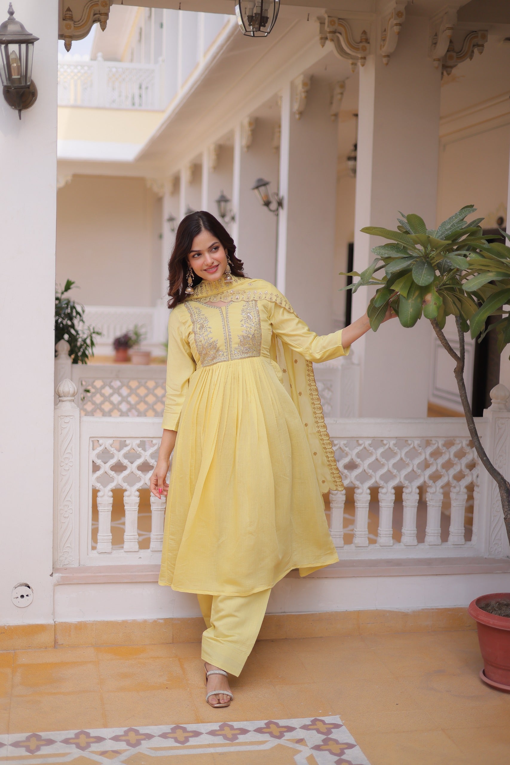 Stylish Mal Chanderi gown with embroidery work for special occasions
