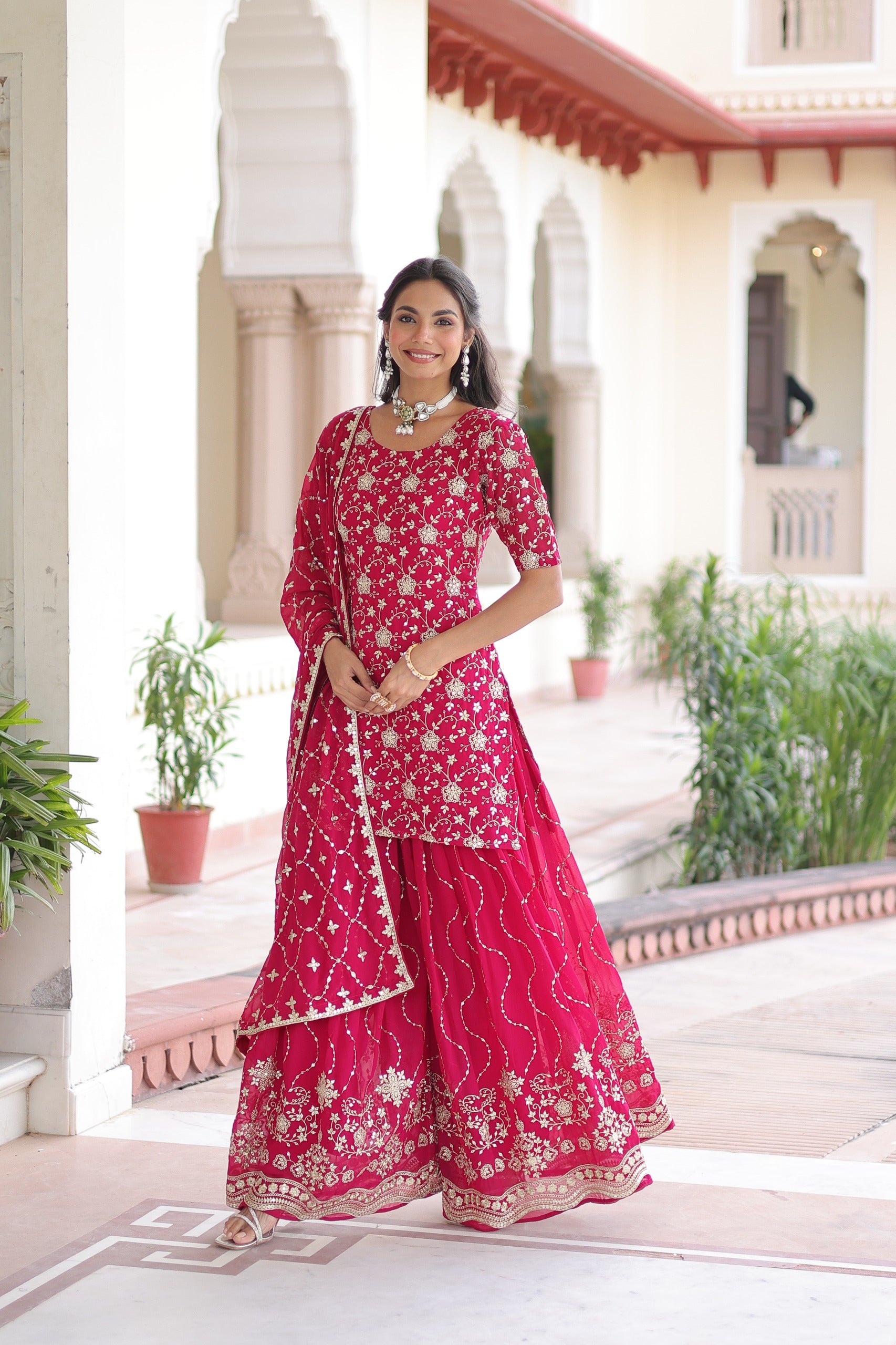 Faux georgette kurti sharara with sequin embroidery