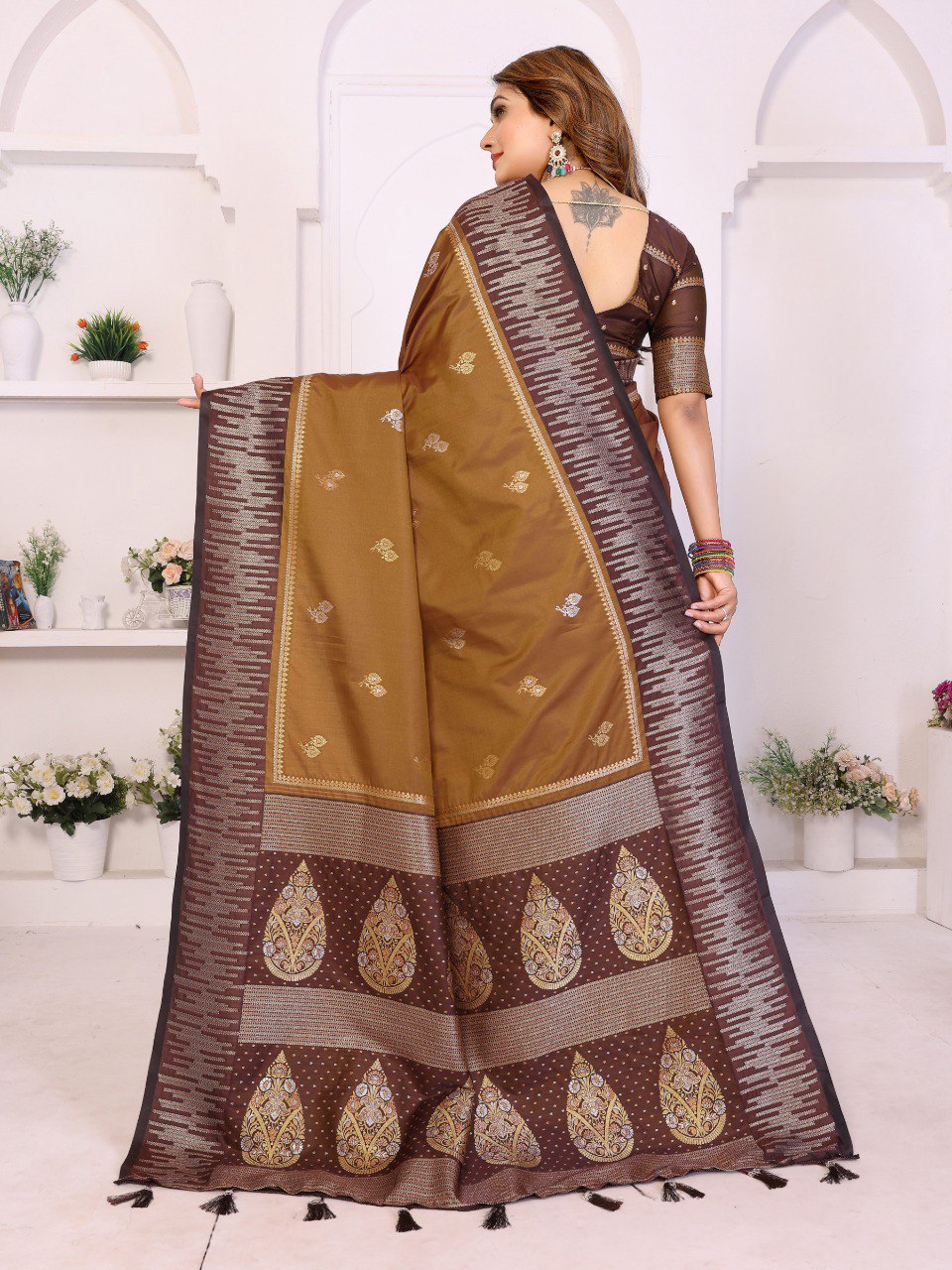 Festive designer silk saree brown mustard
