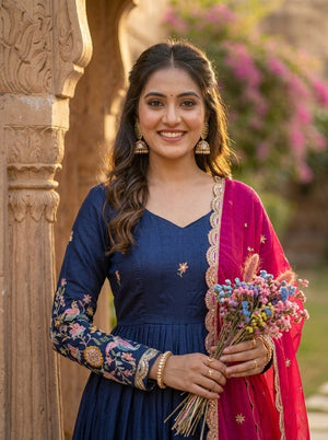 Royal blue embroidered Fendi silk gown with pink dupatta