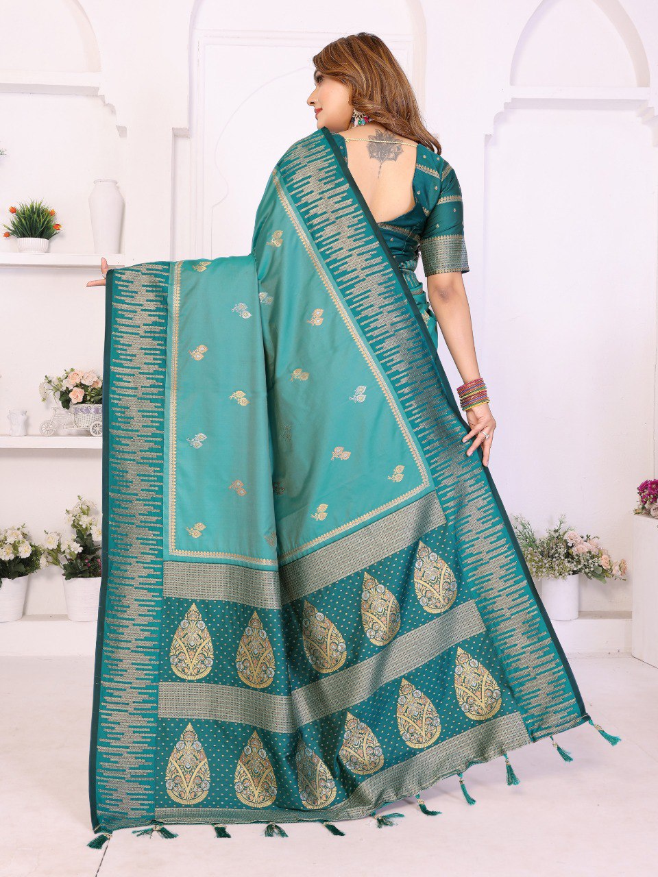 Festive wear rama blue silk saree for women