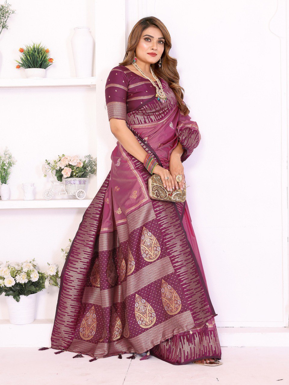 Festive wear rose pink silk saree for women