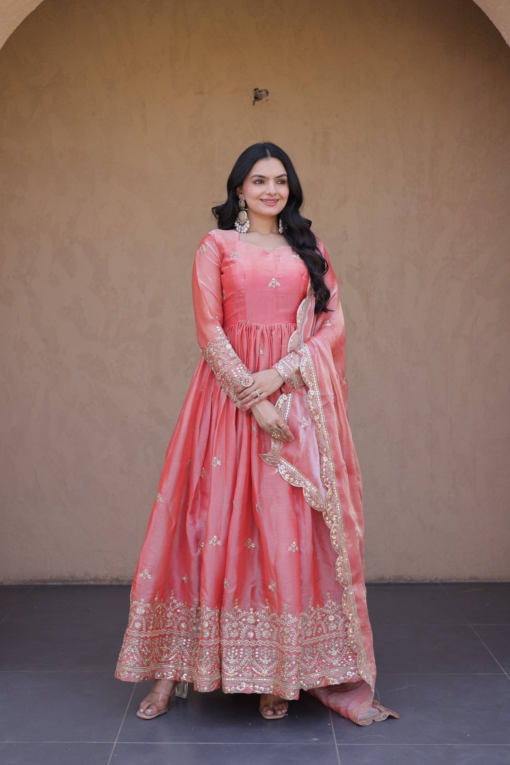 Designer Full Flair Fendi Silk Gown Set