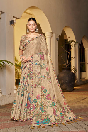 Ethnic beige handloom saree festive wear