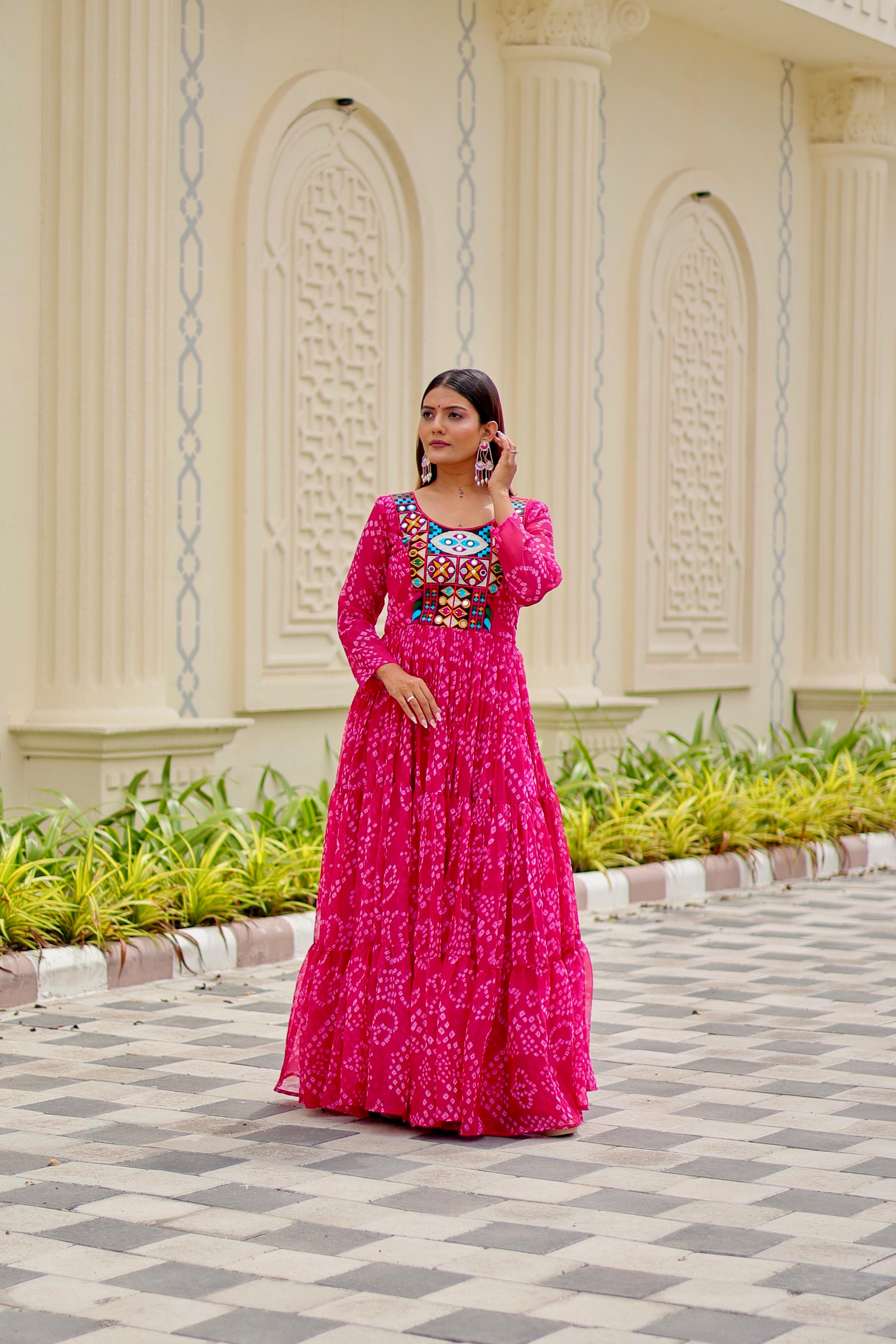 Pink faux georgette ethnic gown for Navratri