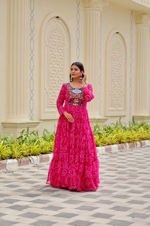 Pink faux georgette ethnic gown for Navratri