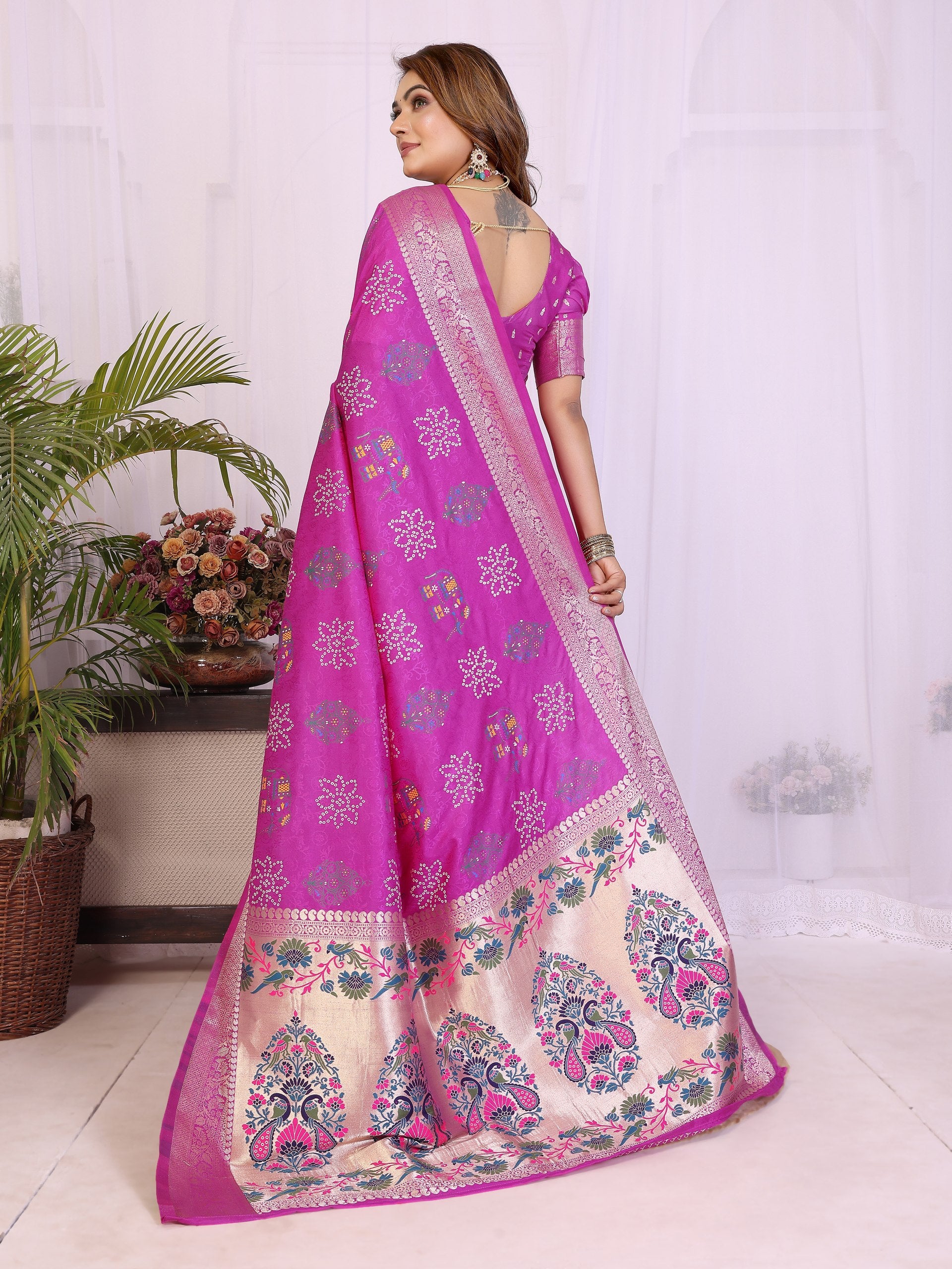 Latest pink Dola Silk Bandhej Designer Saree Online