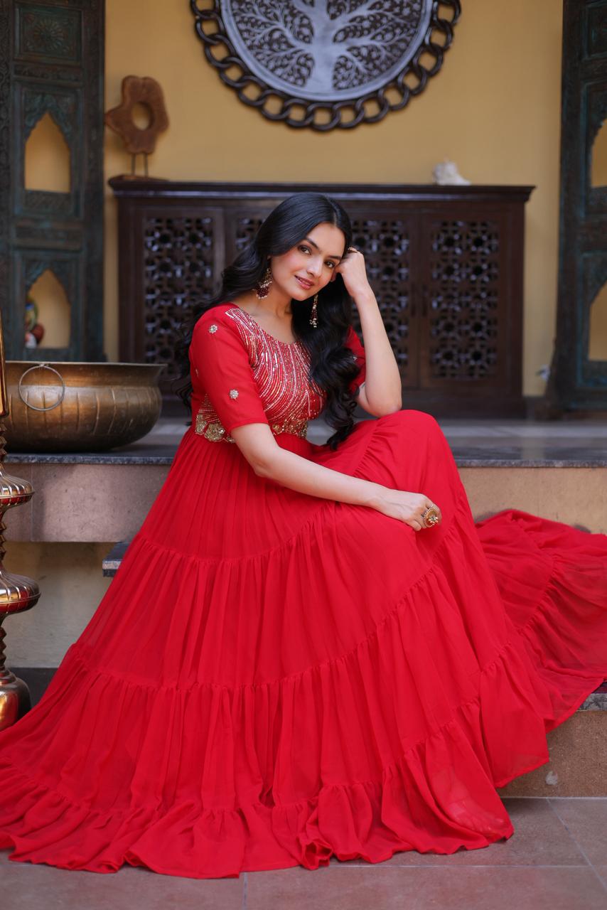 Buy Red Faux Blooming Embroidered Gown Online for Women