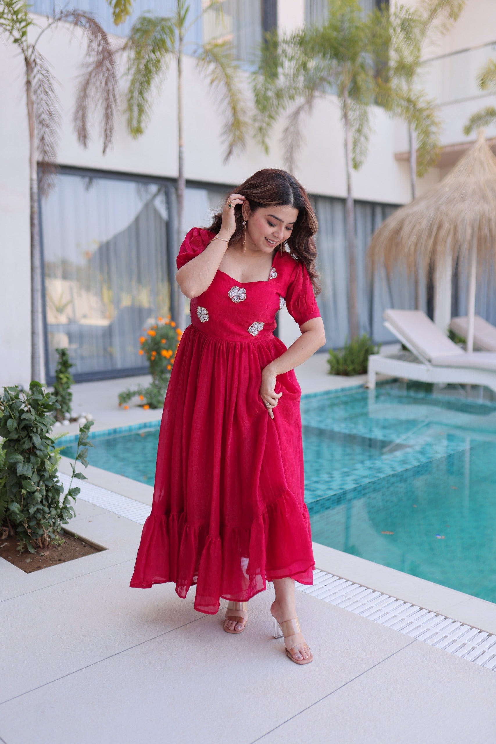 Pink colour Festive wear stitched gown with 7 meter flair