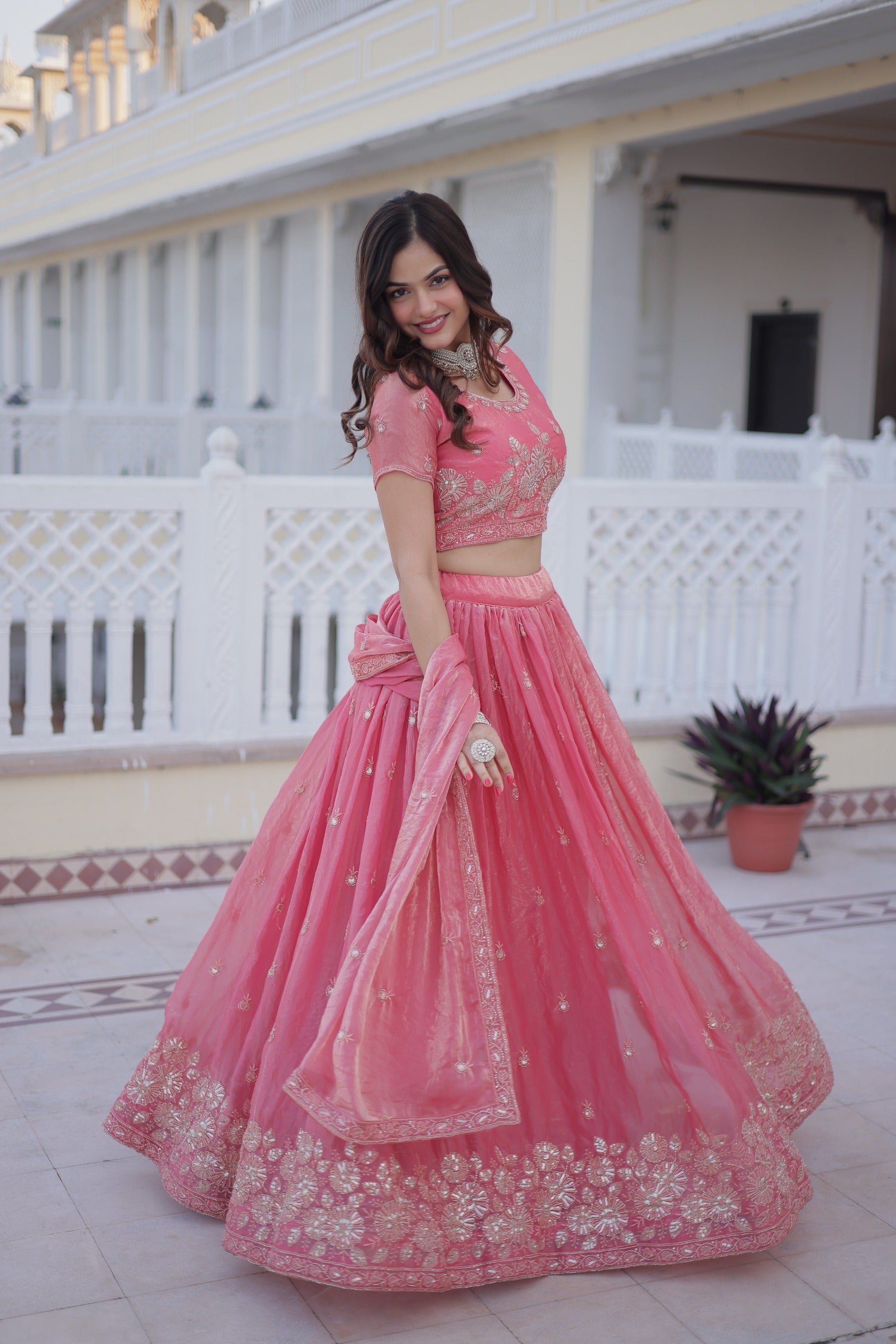 Festive pink embroidered lehenga with dupatta