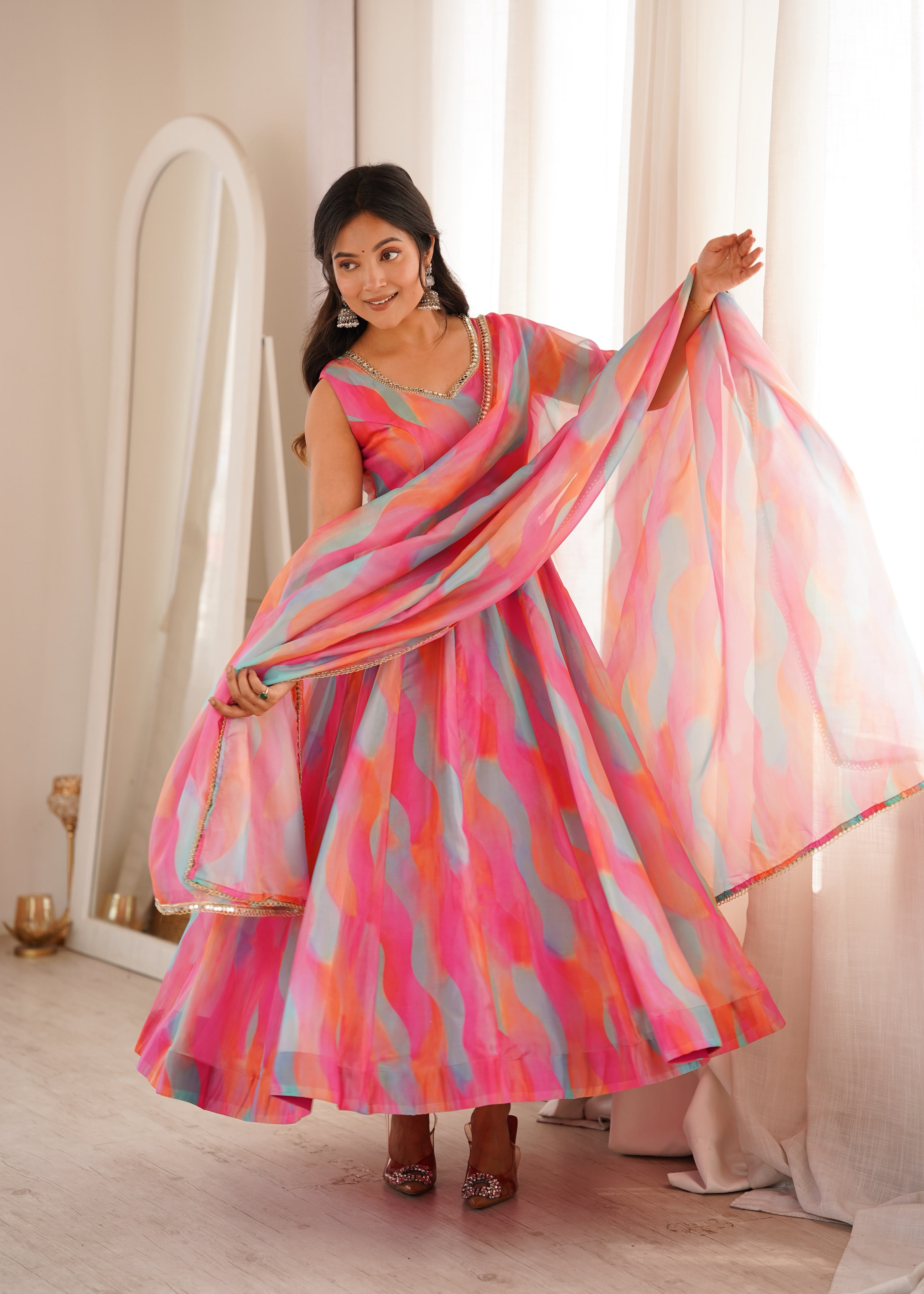 Designer Pink Multicolor Organza Gown Set