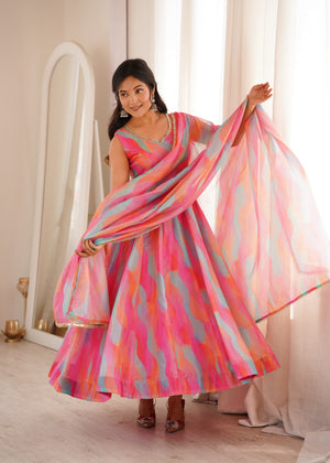 Designer Pink Multicolor Organza Gown Set