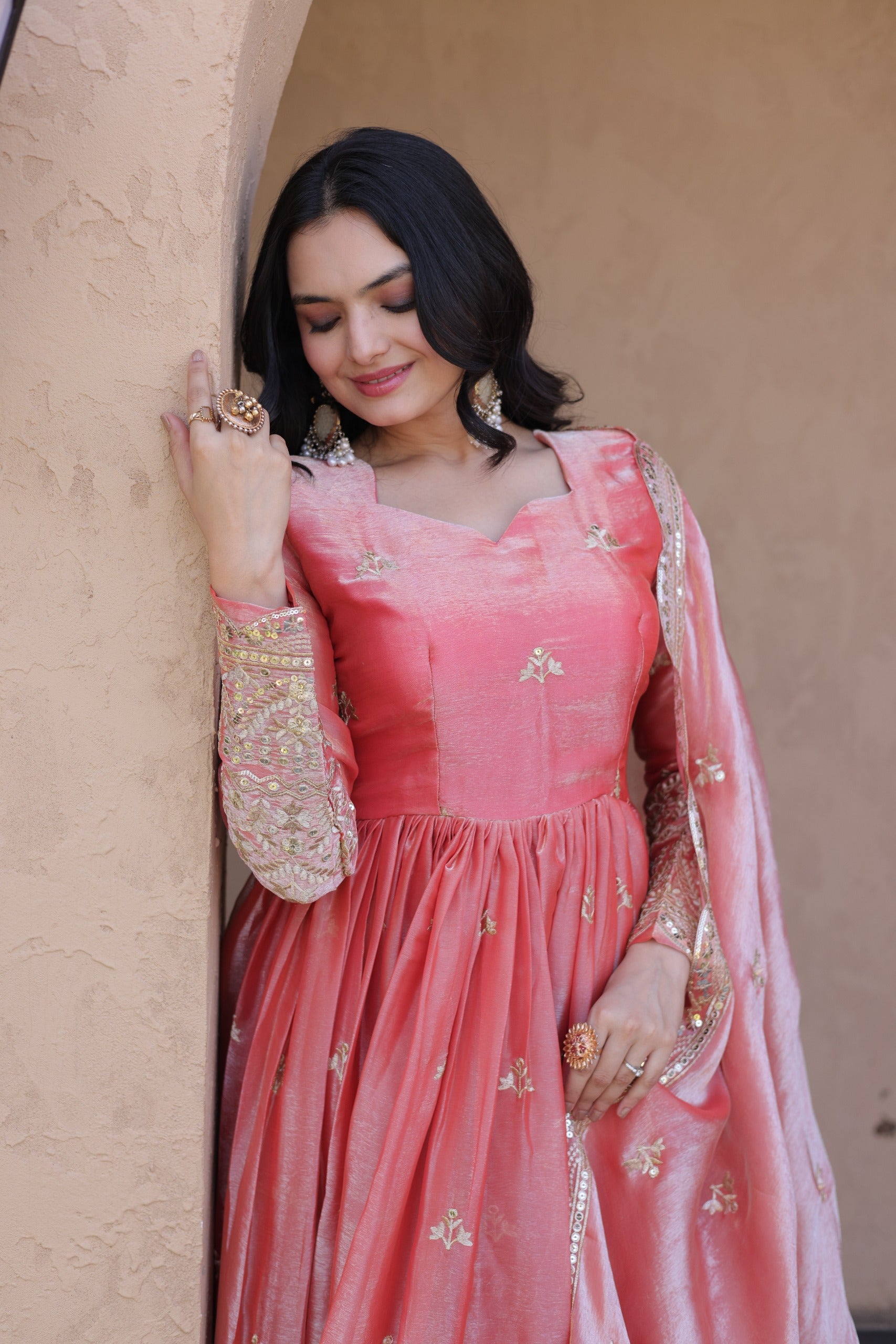 Peach Pink Fendi Silk Embroidered Gown with Dupatta