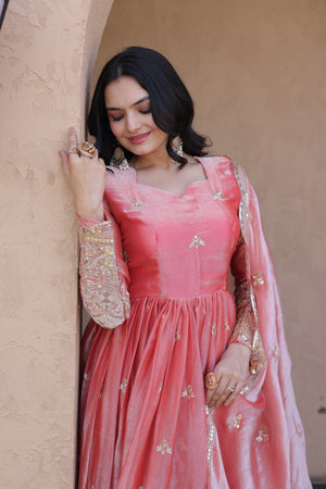 Peach Pink Fendi Silk Embroidered Gown with Dupatta