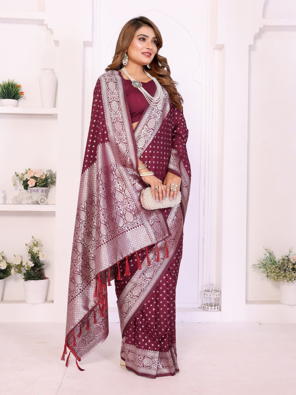 Woman wearing a maroon saree with white patterns in a white room.