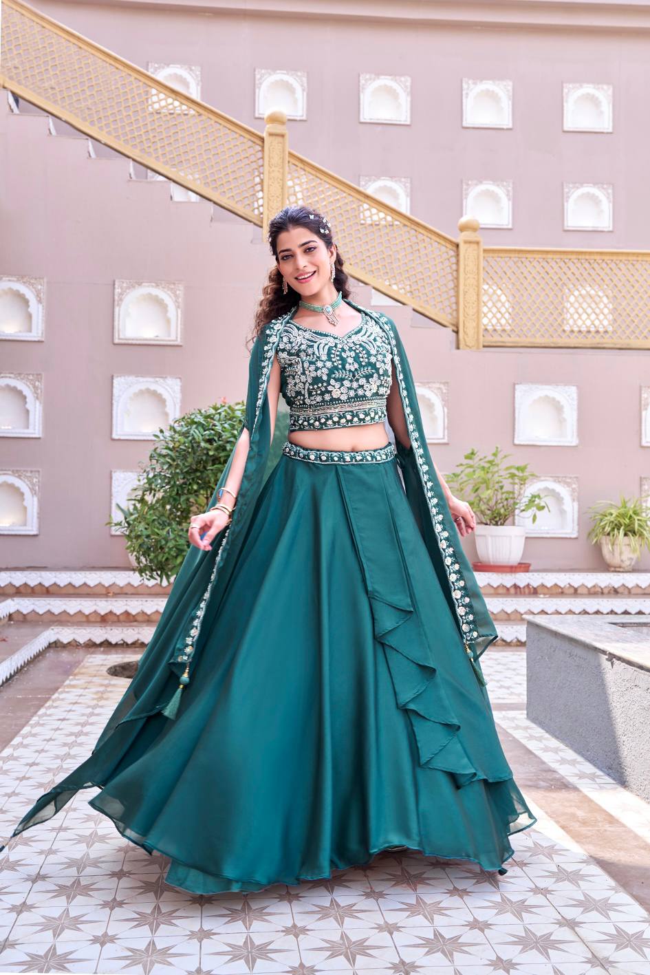 Party wear lehenga with detailed embroidery and cancan support for grand look