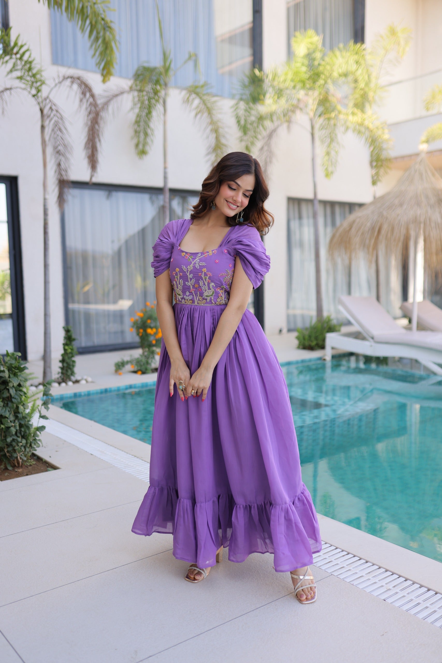 Premium Mal Chanderi gown with embroidery for festive celebrations