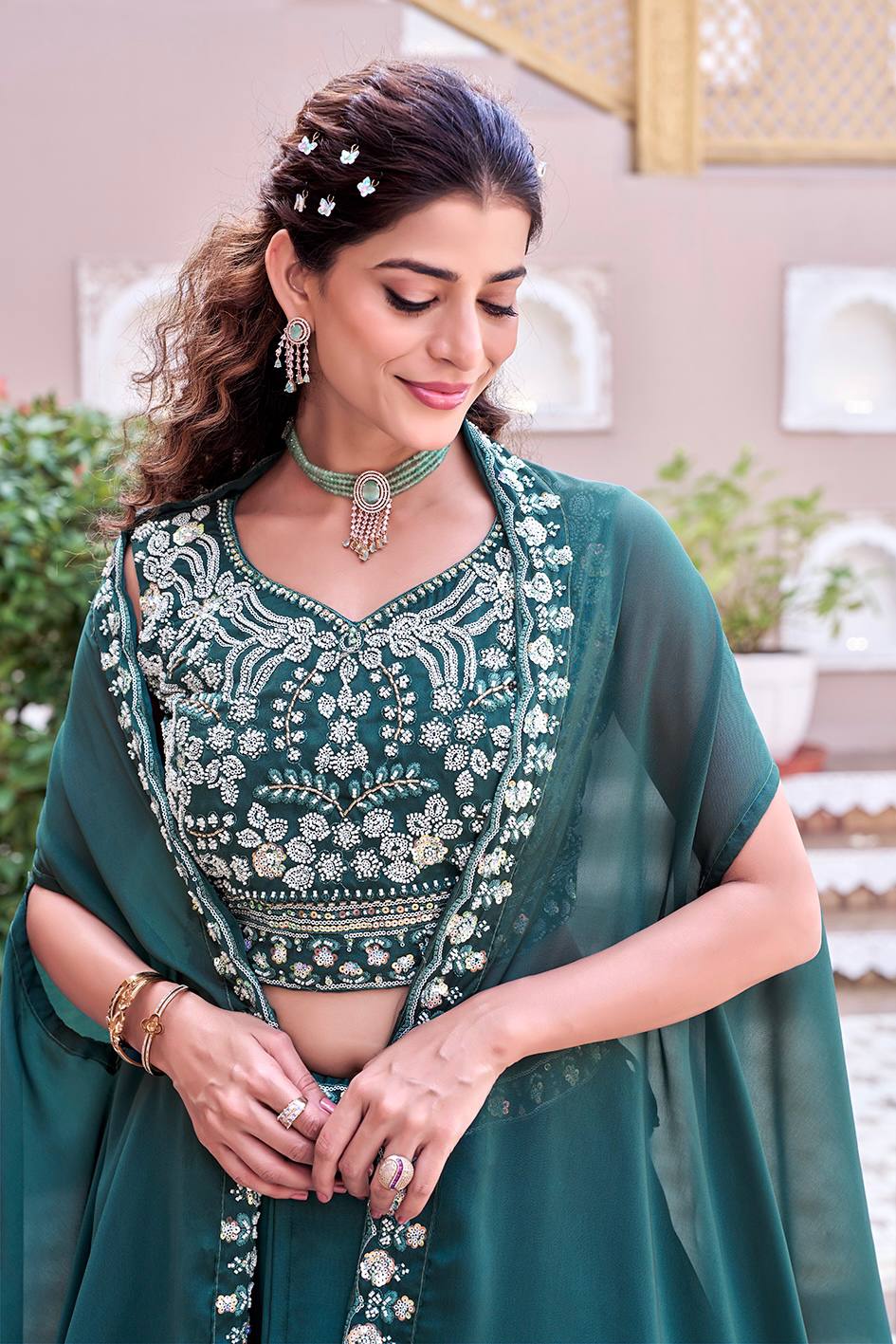 Indian wedding lehenga choli with premium silk and stylish shrug dupatta