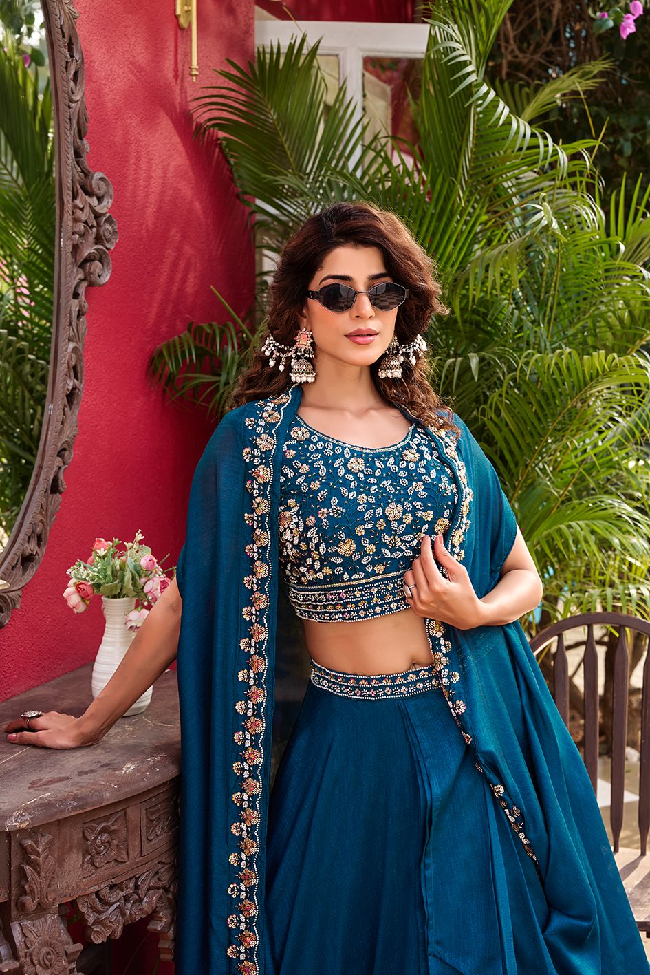 blue-vichitra silk bridal style lehenga