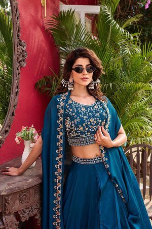 blue-vichitra silk bridal style lehenga