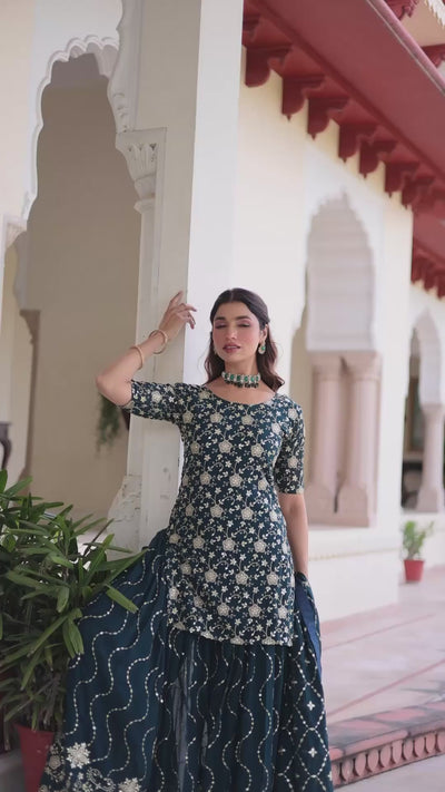 aux georgette kurti sharara with sequin embroidery
