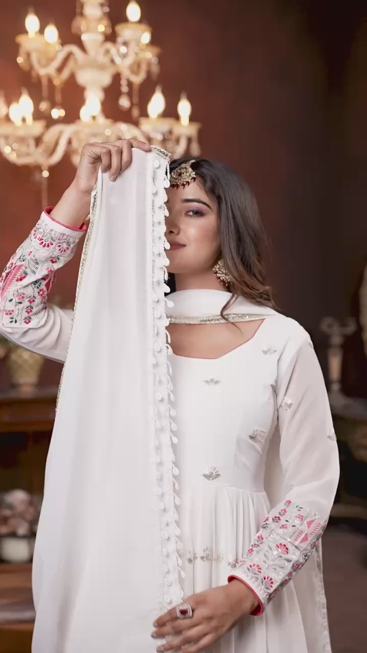 Premium designer White Anarkali with dupatta and sequin embroidery