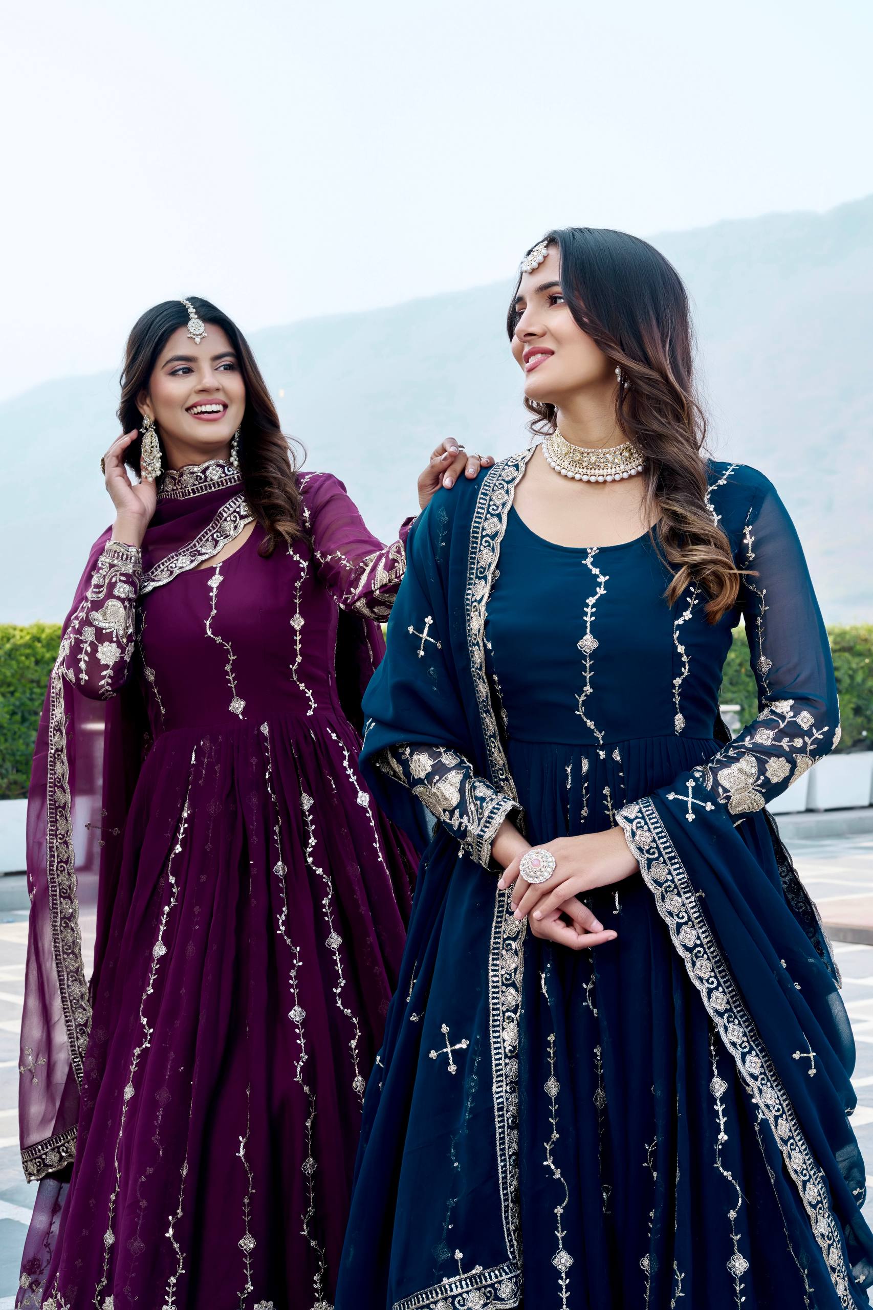 Shop Designer Fox Georgette Embroidered Long Gown with Dupatta