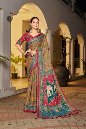 Ethnic beige saree with contrasting maroon blouse