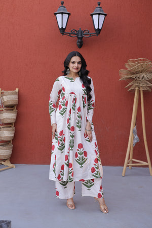 Ethnic printed kurti pant set for women with breathable cotton fabric for summer outfits.
