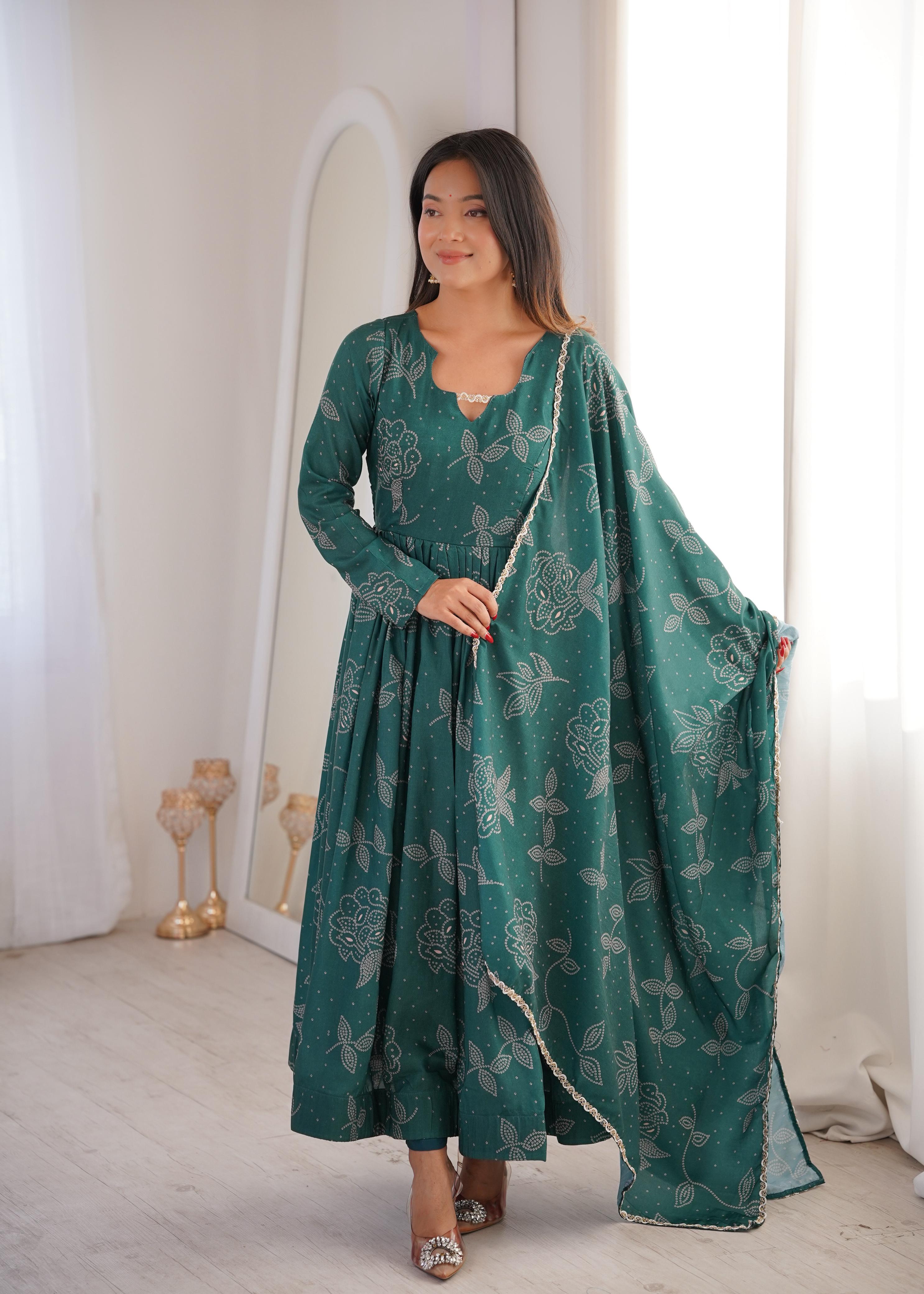 Floral printed green Anarkali dress for women