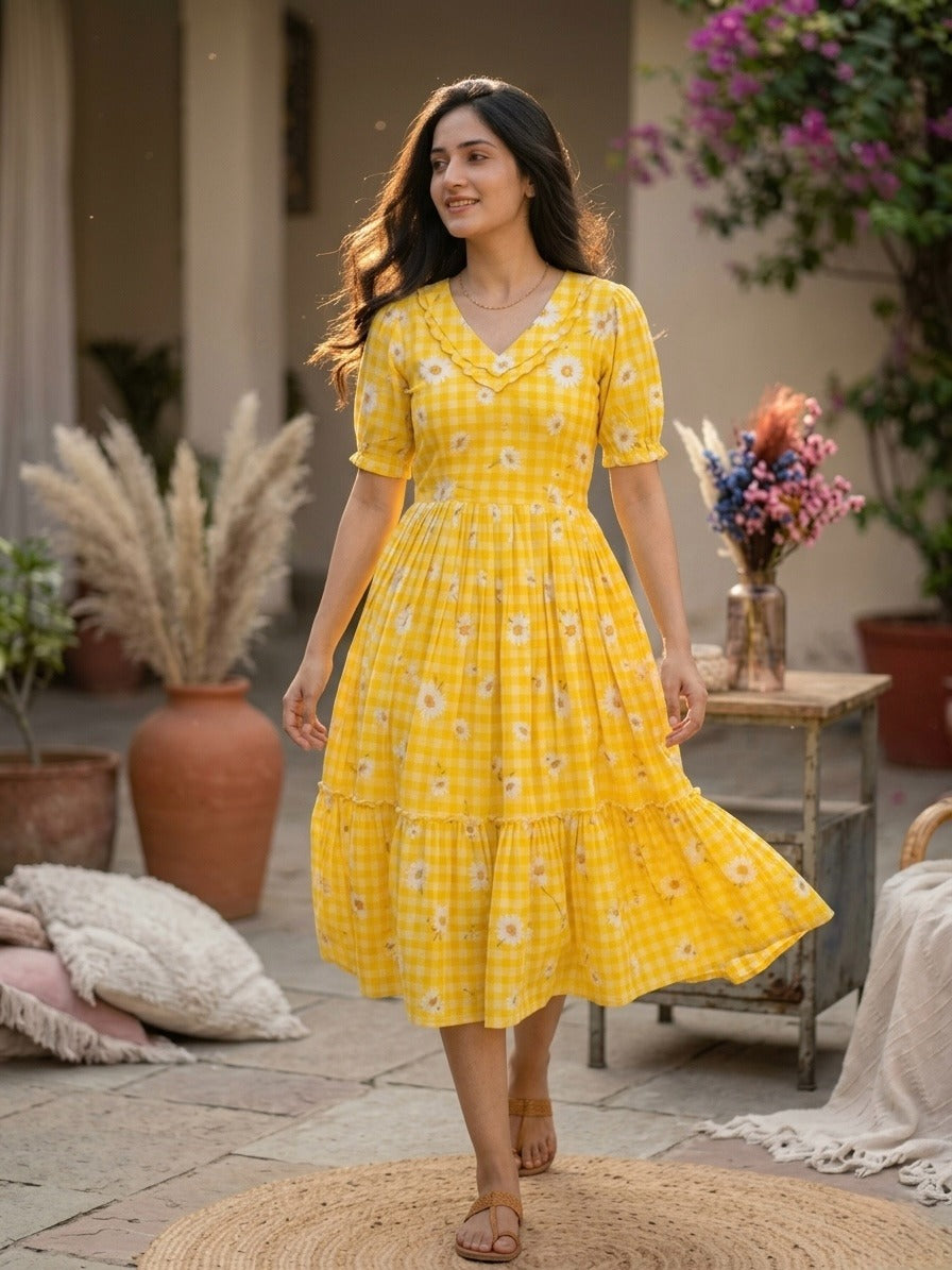 printed flared kurti with puff sleeves